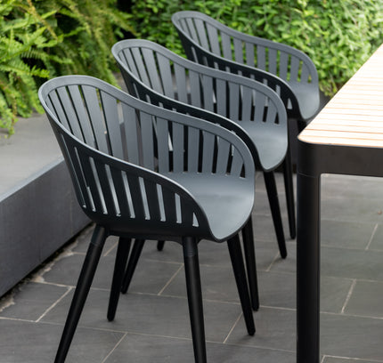 Portals Dark Rectangular Teak Table and 6 Nassau Black Aluminum Dining Set