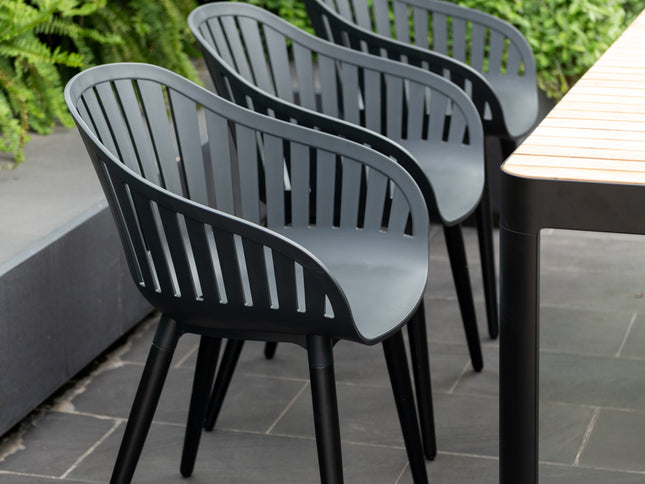 Portals Dark Rectangular Teak Table and 6 Nassau Black Aluminum Dining Set