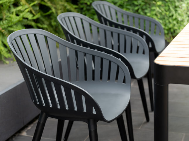 Portals Dark Rectangular Teak Table and 6 Nassau Black Aluminum Dining Set