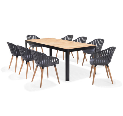Portals Dark Rectangular Teak Table and 8 Nassau Black Dining Set