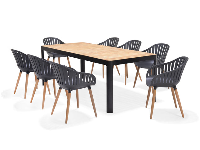 Portals Dark Rectangular Teak Table and 8 Nassau Black Dining Set