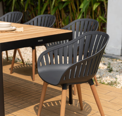 Portals Dark Rectangular Teak Table and 8 Nassau Black Dining Set