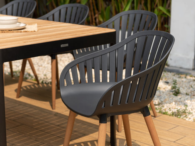 Portals Dark Rectangular Teak Table and 8 Nassau Black Dining Set