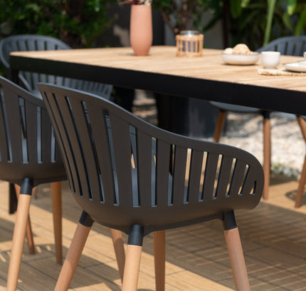 Portals Dark Rectangular Teak Table and 8 Nassau Black Dining Set