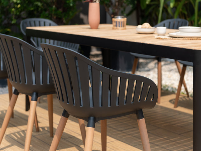 Portals Dark Rectangular Teak Table and 8 Nassau Black Dining Set