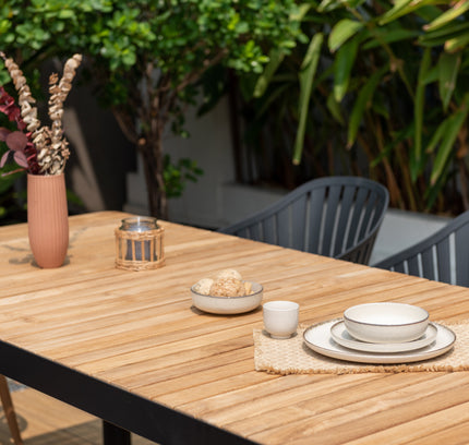 Portals Dark Rectangular Teak Table and 8 Nassau Black Dining Set