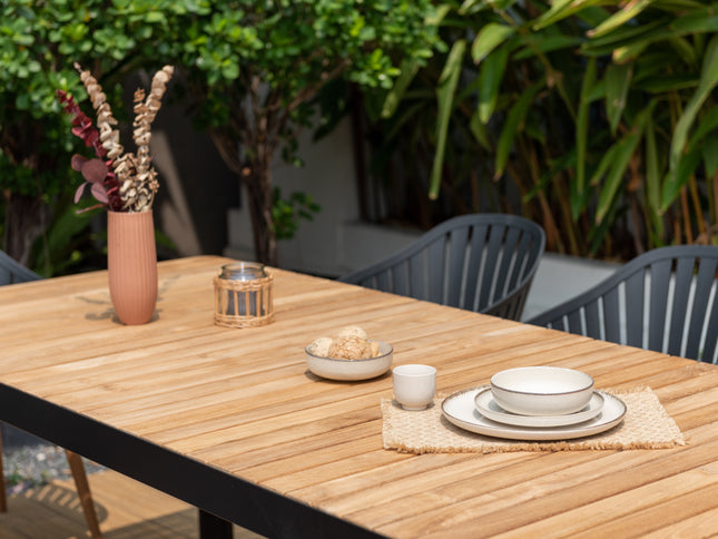 Portals Dark Rectangular Teak Table and 8 Nassau Black Dining Set