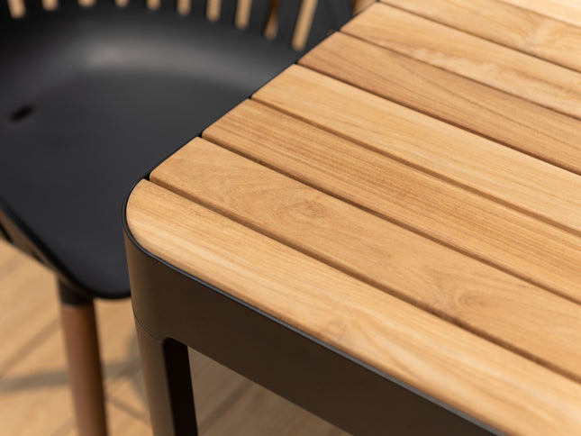 Portals Dark Rectangular Teak Table and 8 Nassau Black Dining Set