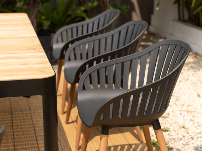 Portals Dark Rectangular Teak Table and 8 Nassau Black Dining Set