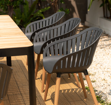Portals Dark Rectangular Teak Table and 8 Nassau Black Dining Set