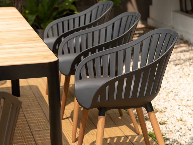 Portals Dark Rectangular Teak Table and 8 Nassau Black Dining Set