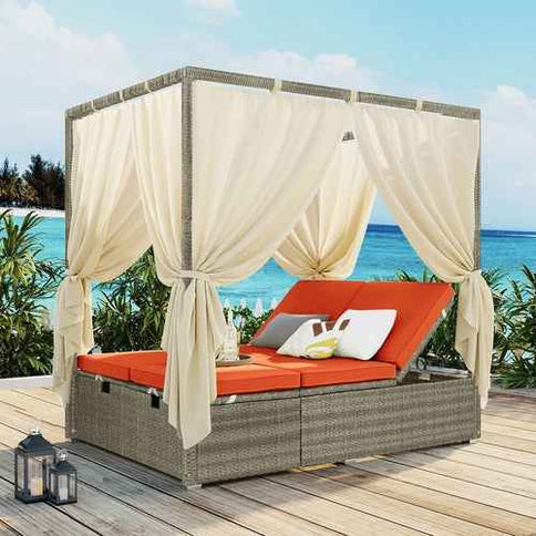 Adjustable Outdoor Double Sun Lounger with Privacy Curtain, High Comfort