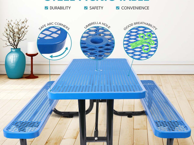 Outdoor Steel Picnic Rectangular Table With Umbrella Pole
