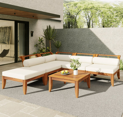 6-Piece Acacia Wood Outdoor Modular Sectional with Daybed Configuration & Tea Table