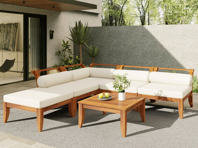 6-Piece Acacia Wood Outdoor Modular Sectional with Daybed Configuration & Tea Table