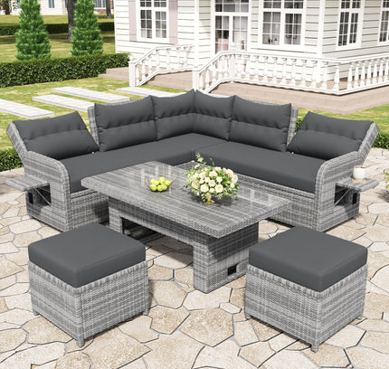 Outdoor Rattan Patio Furniture Set with Adjustable Recliners, Ottomans & Tables