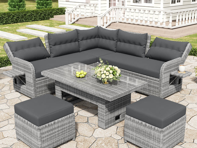 Outdoor Rattan Patio Furniture Set with Adjustable Recliners, Ottomans & Tables