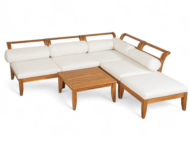 6-Piece Acacia Wood Outdoor Modular Sectional with Daybed Configuration & Tea Table