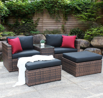 5 Pieces Outdoor Patio Garden Brown Wicker Sectional Conversation Sofa Set