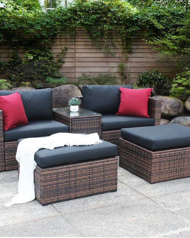 5 Pieces Outdoor Patio Garden Brown Wicker Sectional Conversation Sofa Set
