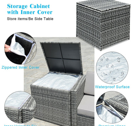 8-Piece Outdoor Wicker Rattan Sofa Set with Storage Box & Tempered Glass Table — Turquoise