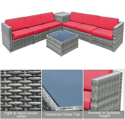 8-Piece Outdoor Wicker Rattan Sofa Set with Storage Box & Tempered Glass Table — Red