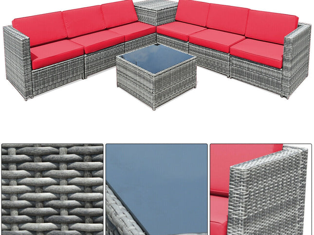 8-Piece Outdoor Wicker Rattan Sofa Set with Storage Box & Tempered Glass Table — Red