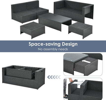 6-Piece Outdoor Rattan Patio Set with Glass Coffee Table & 2 Ottomans — Gray