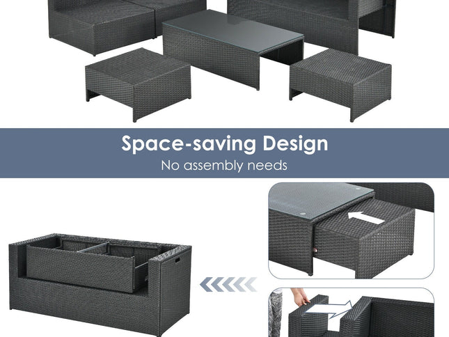 6-Piece Outdoor Rattan Patio Set with Glass Coffee Table & 2 Ottomans — Gray