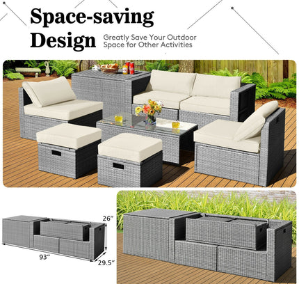 8-Piece Outdoor Rattan Patio Set with Storage Box, Waterproof Cover & Ottomans — Off White