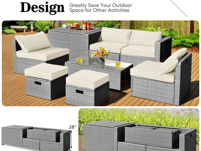 8-Piece Outdoor Rattan Patio Set with Storage Box, Waterproof Cover & Ottomans — Off White