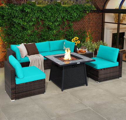 7-Piece Patio Set with 35" Gas Fire Pit Table & Cover, Turquoise