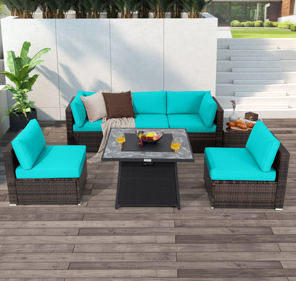 7-Piece Patio Set with 35" Gas Fire Pit Table & Cover, Turquoise