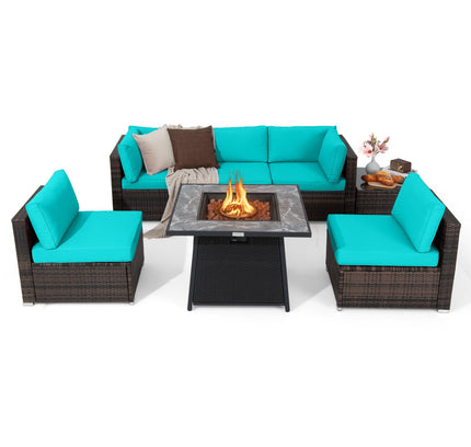 7-Piece Patio Set with 35" Gas Fire Pit Table & Cover, Turquoise