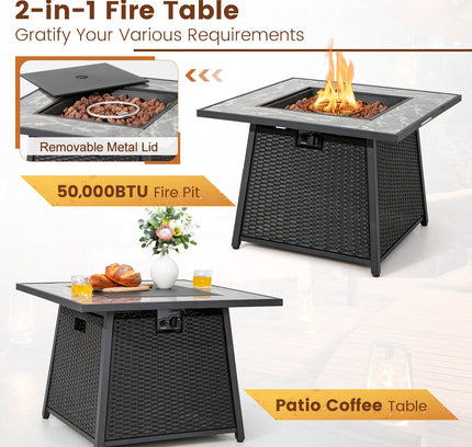 7-Piece Patio Set with 35" Gas Fire Pit Table & Cover, Turquoise