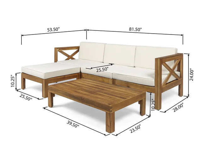 Alcove L-Shape Acacia Wood Outdoor Sofa Set with Ottoman & Coffee Table
