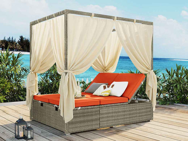 Adjustable Outdoor Double Sun Lounger with Privacy Curtain, High Comfort