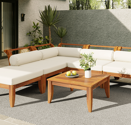 6-Piece Acacia Wood Outdoor Modular Sectional with Daybed Configuration & Tea Table
