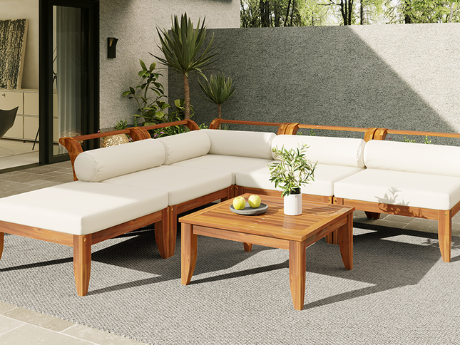 6-Piece Acacia Wood Outdoor Modular Sectional with Daybed Configuration & Tea Table
