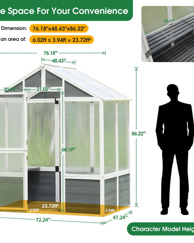 76''x48''x86'' Walk-In Polycarbonate Greenhouse for Patio & Backyard Gardening