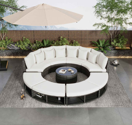 9-Piece Luxury Circular Outdoor Rattan Sofa Set with Tempered Glass Coffee Table