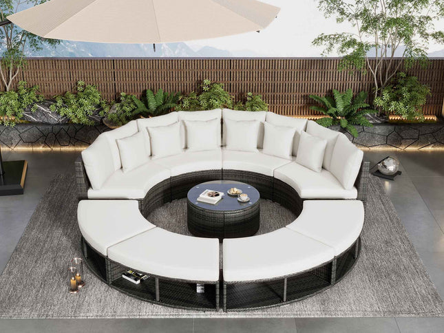9-Piece Luxury Circular Outdoor Rattan Sofa Set with Tempered Glass Coffee Table