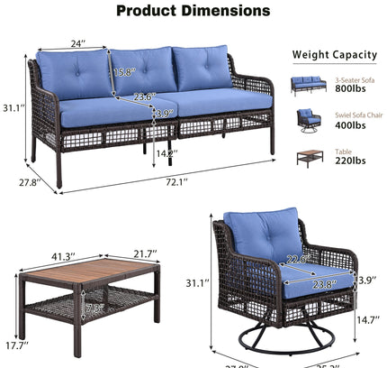 GO 4-Piece Outdoor PE Rattan Patio Set with 360° Swivel Chairs & Wood Coffee Table
