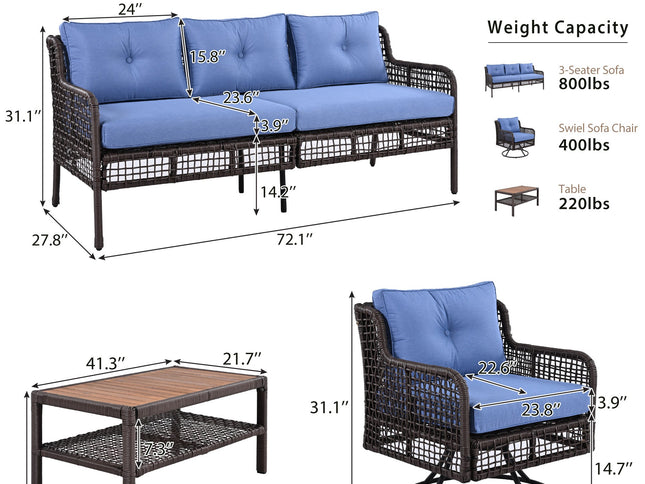 GO 4-Piece Outdoor PE Rattan Patio Set with 360° Swivel Chairs & Wood Coffee Table