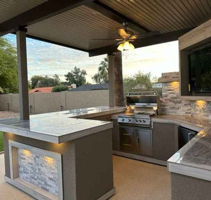 KoKoMo Bermuda Kitchen BBQ Island with Built-In TV, Fire Pit & Bar for Ultimate Outdoor Entertaining