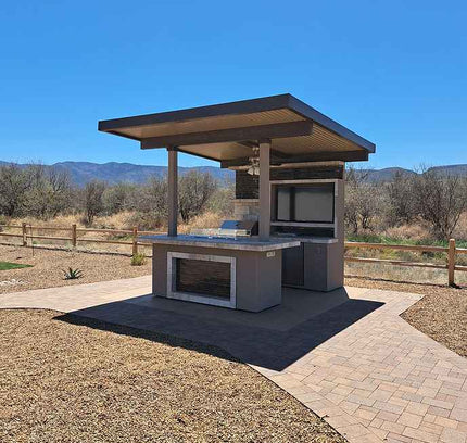 KoKoMo Baja Outdoor Kitchen with 12x12 Patio Cover – Complete Modular BBQ Island with Grill, Fridge & Bar Seating