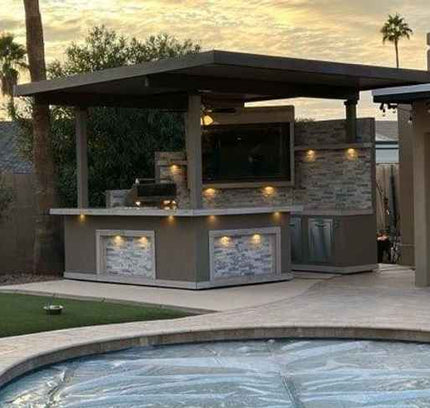 KoKoMo Bermuda Kitchen BBQ Island with Built-In TV, Fire Pit & Bar for Ultimate Outdoor Entertaining