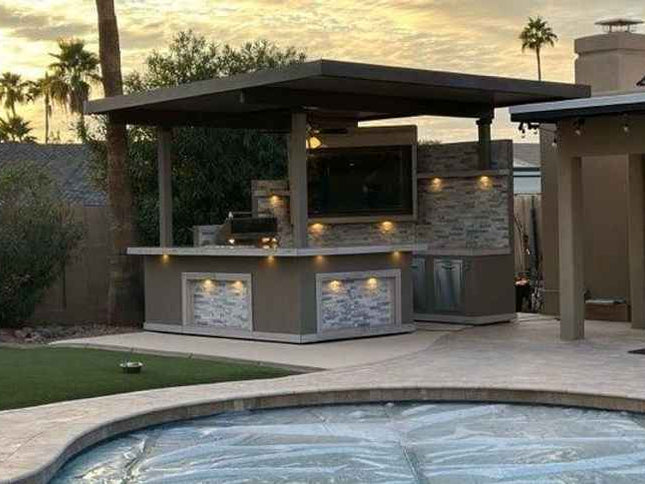 KoKoMo Bermuda Kitchen BBQ Island with Built-In TV, Fire Pit & Bar for Ultimate Outdoor Entertaining
