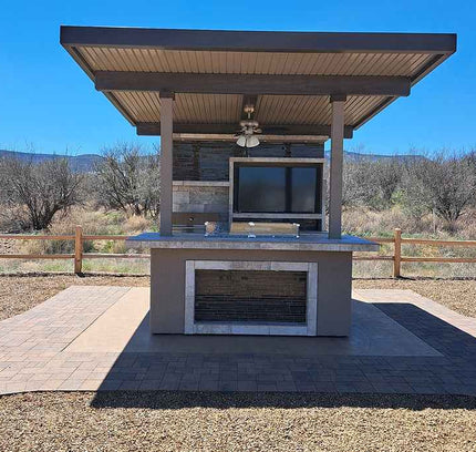 KoKoMo Baja Outdoor Kitchen with 12x12 Patio Cover – Complete Modular BBQ Island with Grill, Fridge & Bar Seating