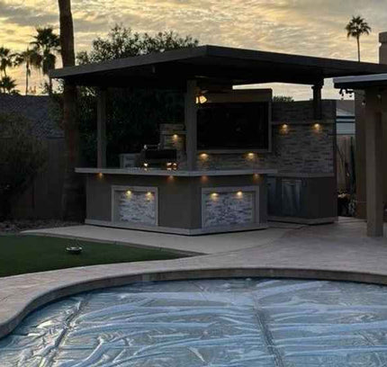 KoKoMo Bermuda Kitchen BBQ Island with Built-In TV, Fire Pit & Bar for Ultimate Outdoor Entertaining